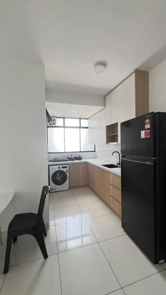 Kitchen features: white painted walls, light wood cabinetry, black refrigerator, built-in oven, stainless-steel sink, chrome pull-down faucet, ceramic tile flooring, washing machine, window with natural light, white countertop, gas hob, dining table with chairs; style: modern.