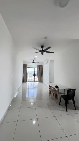 Living features: white painted walls, glossy ceramic tile flooring, 5-blade ceiling fan with light, floor-to-ceiling windows, sliding glass door, curtains, dining table with 4 chairs, black plastic chair, air conditioning unit; style: modern; view: city.