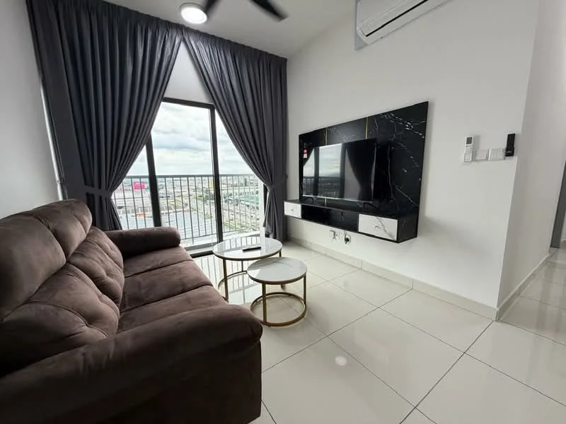 Living features: 3-seater fabric sofa in brown, 2 round coffee tables with metal legs, wall-mounted TV, black TV console with marble finish, floor-to-ceiling windows, grey curtains, white painted walls, recessed downlights, white tiled flooring, 1 wall-mounted split AC; style: modern; view: city.