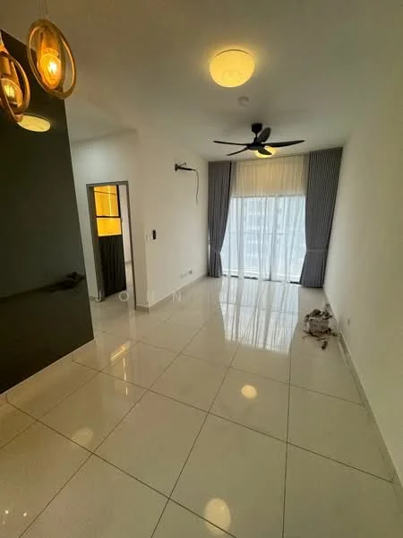 Living features: white painted walls, glossy ceramic tile flooring, 5-blade ceiling fan with light, floor-to-ceiling windows, sheer curtains, recessed downlights, wall-mounted TV, decorative wall with dark finish, neutral color palette, area rug, sofa, coffee table; style: modern; view: city.