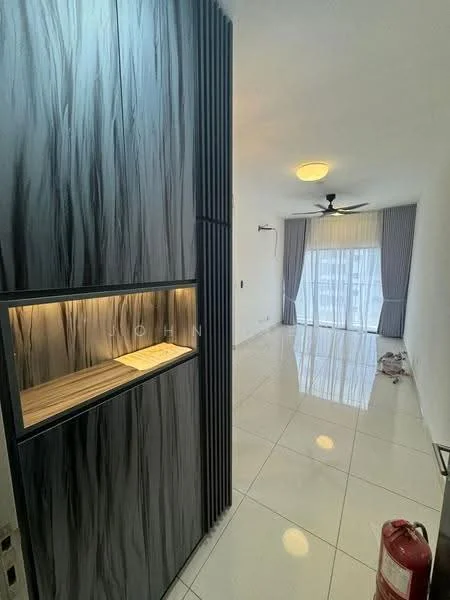 Room features: glossy white tile flooring, white painted walls, ceiling fan with light, large windows with sheer curtains, built-in cabinetry with wood finish, recessed lighting, fire extinguisher, neutral color scheme; style: modern.