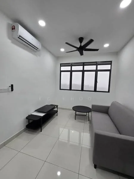 Living features: grey fabric sofa, black coffee table, white painted walls, glossy tile flooring, 1 wall-mounted split AC, 5-blade ceiling fan with light, floor-to-ceiling windows, natural light; style: modern; view: city.