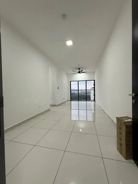 Room features: white painted walls, glossy white tile flooring, 5-blade ceiling fan with light, large floor-to-ceiling windows, natural light from windows, open layout, neutral color scheme, no visible furniture, box in the corner; style: modern; view: city.