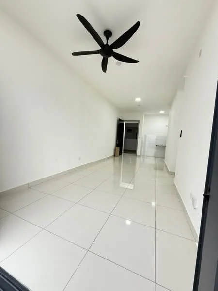 Living features: white painted walls, glossy ceramic tile flooring, 5-blade ceiling fan in black, recessed LED downlights, large windows, open layout, neutral color scheme, kitchen area visible in background; style: modern.