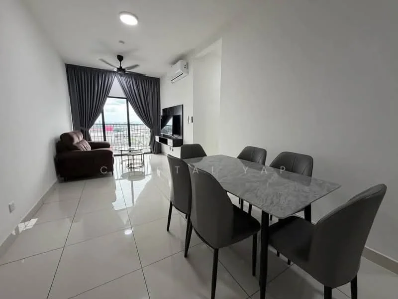 Living features: grey marble dining table, 6 upholstered dining chairs, 3-seater fabric sofa in brown, floor-to-ceiling windows, sheer curtains, wall-mounted split AC, recessed downlights, glossy tile flooring, light grey painted walls, ceiling fan; style: modern; view: city.