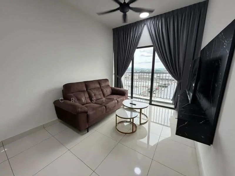 Living features: 3-seater fabric sofa in brown, 2 round coffee tables with gold frames, floor-to-ceiling window, grey curtains, white painted walls, glossy white tile flooring, wall-mounted TV, ceiling fan with light, black feature wall with marble finish; style: modern; view: city.