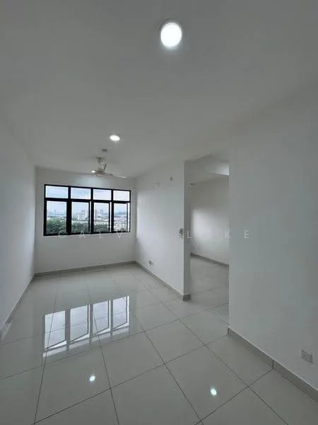 Room features: white painted walls, glossy ceramic tile flooring, recessed downlights, 5-blade ceiling fan, large windows, city view, neutral color scheme, open layout; style: modern; view: city.