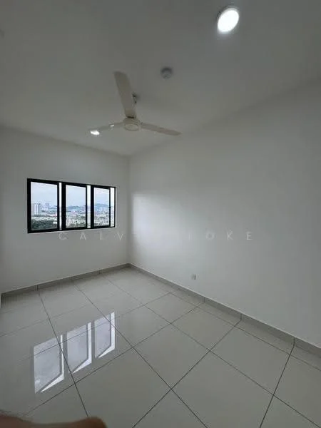 Room features: white painted walls, glossy ceramic tile flooring, 5-blade ceiling fan, three windows with black frames, city view, recessed downlights; style: modern; view: city.