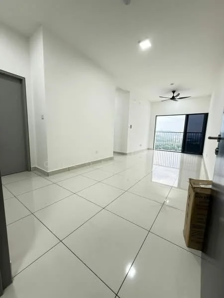 Living features: white painted walls, glossy ceramic tile flooring, 5-blade ceiling fan with light, floor-to-ceiling windows, sliding glass door, natural light from large window, neutral color scheme, open layout; style: modern; view: city.
