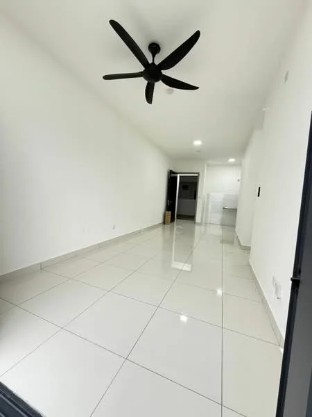 Room features: white painted walls, glossy ceramic tile flooring, 5-blade ceiling fan, recessed LED downlights, open layout, kitchen area visible in background, no visible furniture, neutral color scheme; style: modern.