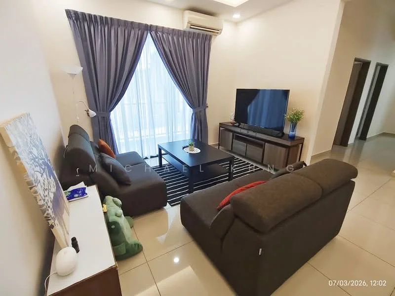 Living features: grey fabric 3-seater sofa, dark grey fabric 2-seater sofa, black coffee table, TV console with storage, wall-mounted flat-screen TV, floor-to-ceiling windows with sheer curtains, light-colored walls, glossy tile flooring, air conditioning unit, decorative wall art, area rug with striped pattern; style: modern.