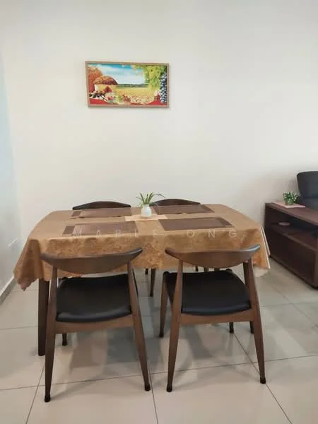 Dining features: wooden dining table with tablecloth, 4 wooden dining chairs with black cushions, framed artwork on wall, indoor plant in ceramic pot, glossy tile flooring, white painted walls; style: modern.