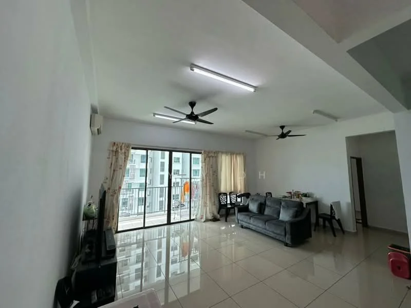 Living features: white painted walls, glossy tile flooring, 2 ceiling fans, floor-to-ceiling sliding glass door, sheer curtains, grey fabric sofa, coffee table, TV console, dining table with chairs, balcony view; style: modern; view: city.