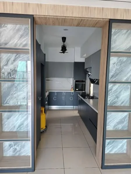 Kitchen features: grey cabinetry, white marble backsplash, black built-in oven, black range hood, stainless-steel sink, chrome pull-down faucet, ceramic tile flooring, recessed downlights, open shelving, sliding glass doors, kitchen island, wall-mounted microwave; style: modern.