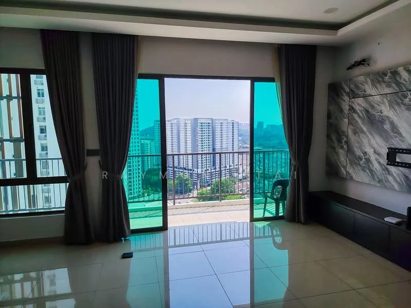 Living features: floor-to-ceiling windows, sliding glass door, grey marble accent wall, cream tiled flooring, recessed downlights, curtains, balcony view, wall-mounted TV console; style: modern; view: city.