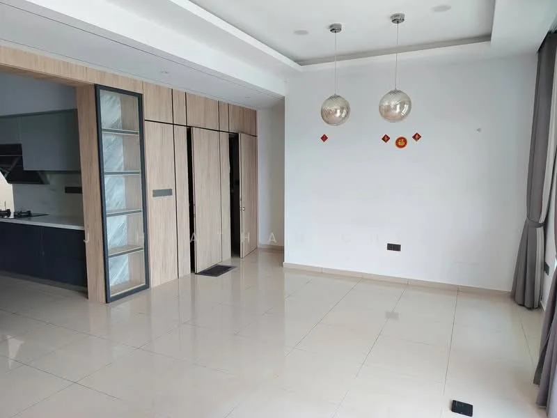 Living features: glossy tile flooring, white painted walls, recessed downlights, two pendant lights, large windows, built-in cabinetry with wood finish, open layout, neutral color scheme; style: modern.