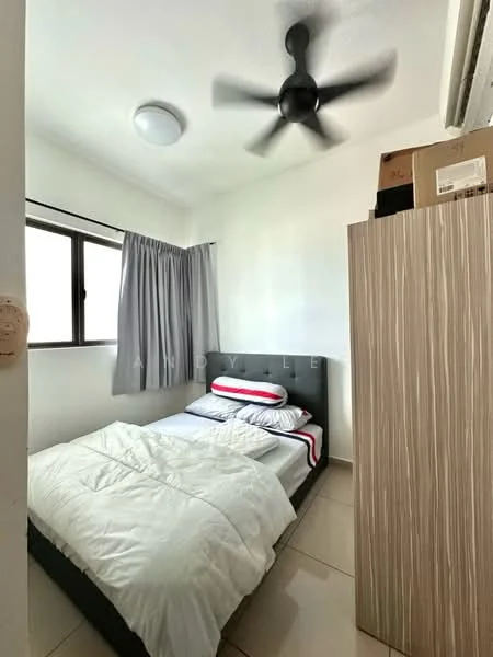 Bedroom features: queen-size bed with white bedding, grey upholstered bed frame, 2 bedside pillows, ceiling fan, white painted walls, tile flooring, window with sheer curtains, built-in wardrobe with wood finish, light fixture on ceiling; style: modern.
