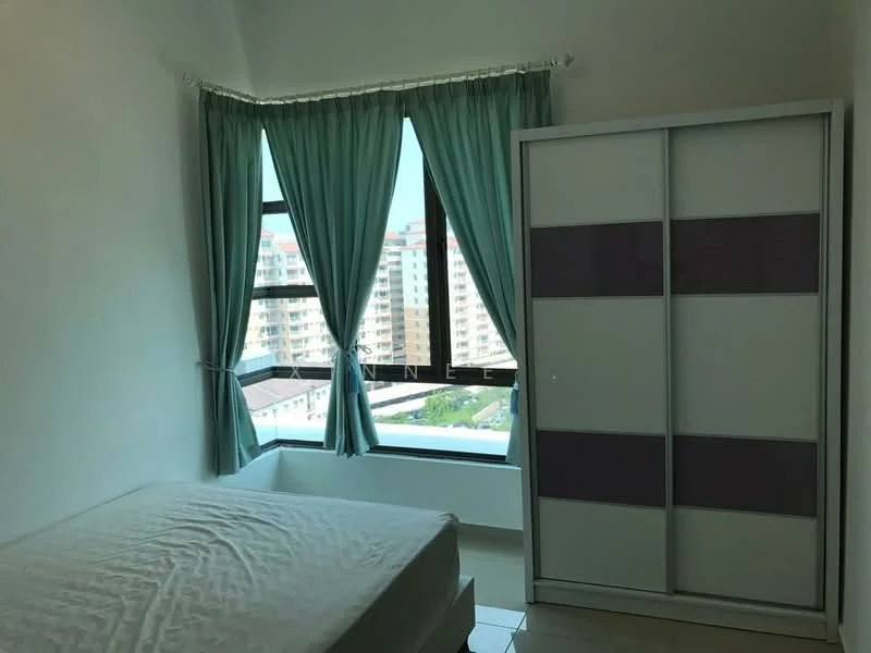 Bedroom features: queen-size bed, floor-to-ceiling window, curtains in light blue, built-in wardrobe with sliding doors, white walls, tile flooring, city view, natural light; style: modern; view: city.