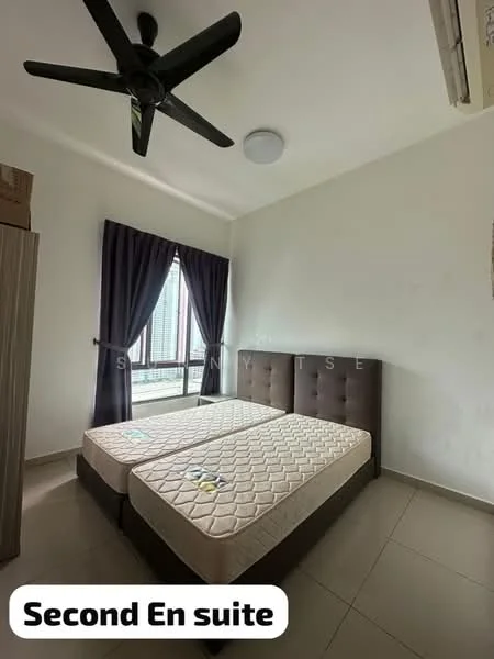 Bedroom features: two single beds, upholstered headboard, ceiling fan, floor-to-ceiling window, dark curtains, light-colored walls, tile flooring, built-in wardrobe; style: modern; view: city.