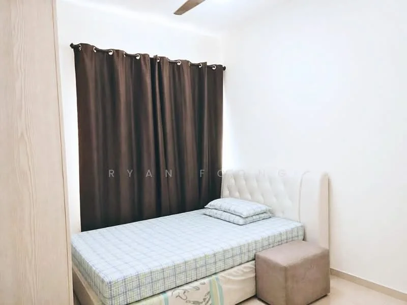 Bedroom features: single bed, upholstered headboard, brown curtains, light-colored walls, wooden flooring, small ottoman, bedside table, ceiling fan; style: modern.