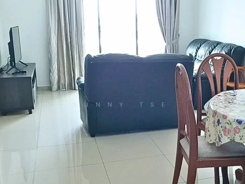 Living features: black leather sofa, wooden coffee table, TV console, wall-mounted TV, floor-to-ceiling windows, curtains, ceramic tile flooring, decorative tablecloth, dining table with chairs; style: modern.