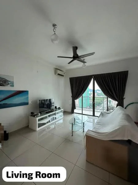 Living features: 5-blade ceiling fan with light, wall-mounted TV, white TV console, glass coffee table, cream sofa, floor-to-ceiling windows, sliding glass door, dark curtains, light-colored walls, tile flooring, air conditioning unit; style: modern; view: city.