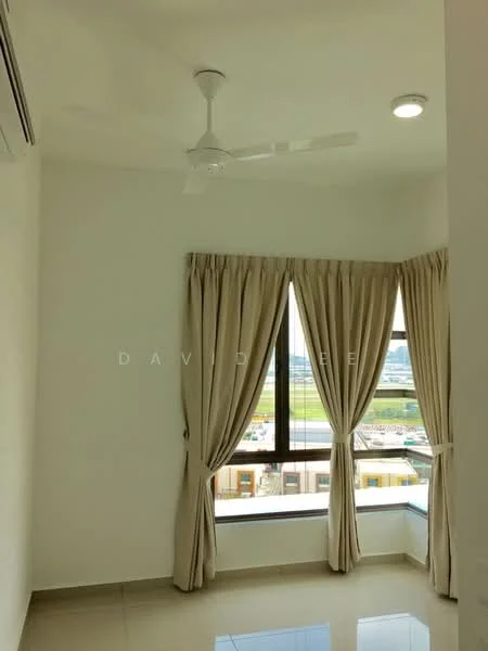 Room features: white painted walls, floor-to-ceiling windows, sheer curtains, 5-blade ceiling fan, glossy tile flooring, window sill, natural light, view of the outside; style: modern; view: city.