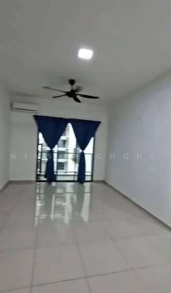 Living features: white painted walls, glossy ceramic tile flooring, 5-blade ceiling fan, floor-to-ceiling windows, blue curtains, air conditioning unit; style: modern.