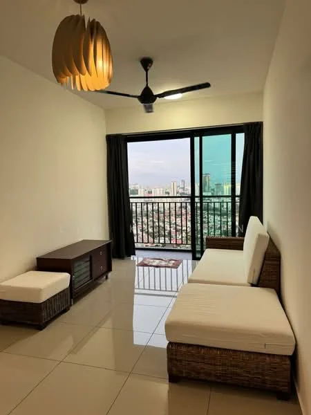 Living features: white painted walls, glossy tile flooring, 5-blade ceiling fan with light, large sliding glass door, floor-to-ceiling windows, blackout curtains, sofa with white cushions, wooden coffee table, woven storage unit, city view; style: modern; view: city.