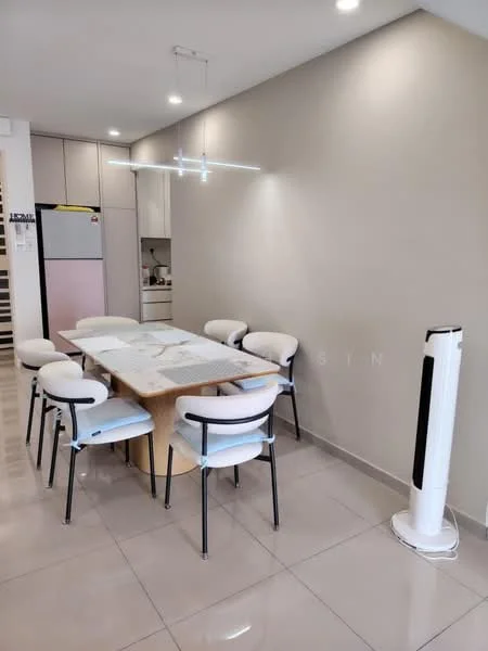 Dining features: marble dining table, 6-seater dining table, upholstered dining chairs, white painted walls, recessed downlights, floor-to-ceiling windows, ceramic tile flooring, standing fan; style: modern. Kitchen features: built-in cabinetry, stainless-steel fridge, open layout to dining area; style: modern.