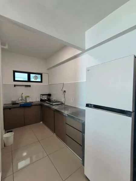 Kitchen features: white walls, grey cabinetry, stainless-steel sink, chrome pull-down faucet, ceramic tile flooring, built-in countertop, refrigerator, kitchen appliances, window above sink; style: modern.