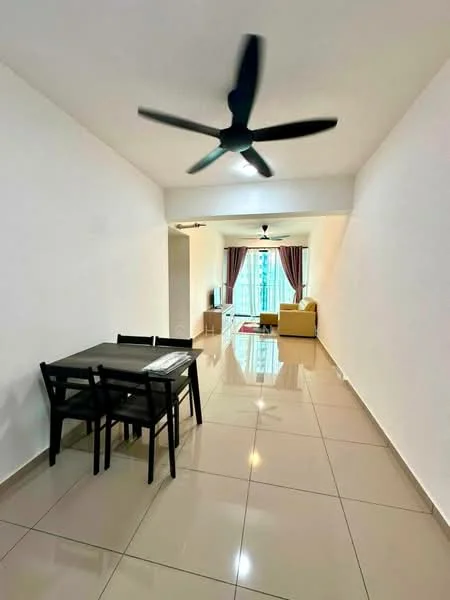 Living features: white painted walls, glossy beige tile flooring, 5-blade ceiling fan with light, sofa in beige, black dining table with four chairs, floor-to-ceiling windows, sheer curtains, TV console, area rug, decorative plants; style: modern; view: city.