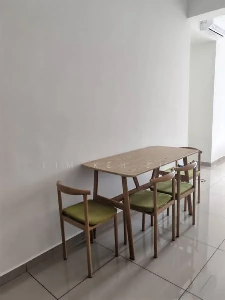 Dining features: rectangular wooden dining table, 4 wooden chairs with green cushions, white painted walls, glossy ceramic tile flooring, air conditioning unit on wall, natural light from window, minimalist decor; style: modern.