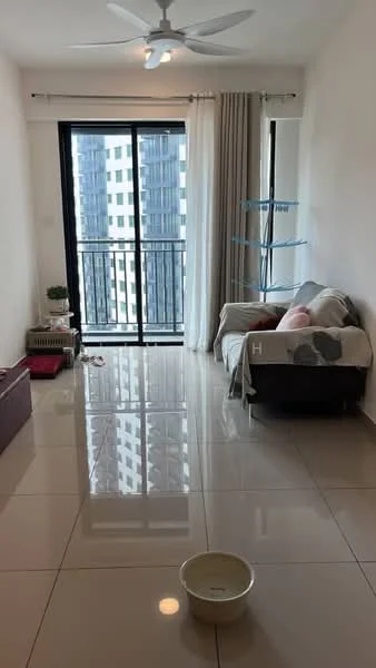 Living features: glossy tile flooring, white painted walls, 5-blade ceiling fan with light, floor-to-ceiling windows, sliding glass door, sheer curtains, sofa with throw pillows, open shelving unit, decorative plant, round bowl on the floor; style: modern; view: city.
