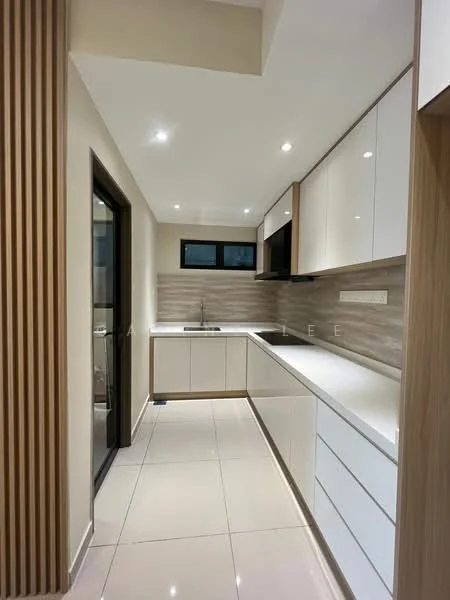 Kitchen features: white glossy cabinetry, wooden accents on cabinetry, white quartz countertop, single-bowl stainless-steel sink, chrome pull-down faucet, ceramic tile flooring, recessed LED downlights, grey tile backsplash, built-in oven, microwave, sliding glass door, floor-to-ceiling windows; style: modern.