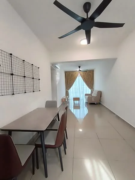 Dining features: dining table with 4 chairs, black ceiling fan with light, white painted walls, tile flooring, floor-to-ceiling window with sheer curtains, curtains in gold color, light fixture on ceiling, open layout to living area; style: modern. Living features: beige armchair, small side table, natural light from window, decorative wall grid, open layout to dining area; style: modern.