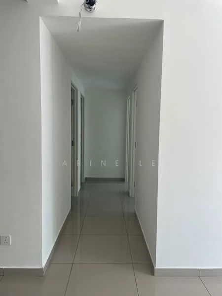 Hallway features: white painted walls, glossy ceramic tile flooring, recessed downlights, door frames, neutral color scheme, narrow corridor layout; style: modern.
