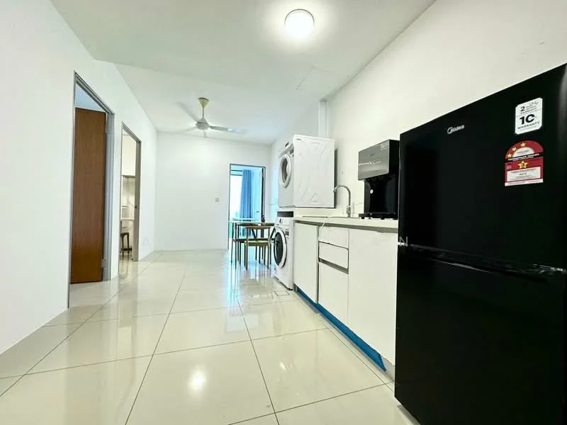 Kitchen features: white painted walls, glossy tile flooring, ceiling light, 5-blade ceiling fan, black refrigerator, built-in oven, white cabinetry, washing machine, kitchen countertop, dining table with chairs; style: modern.