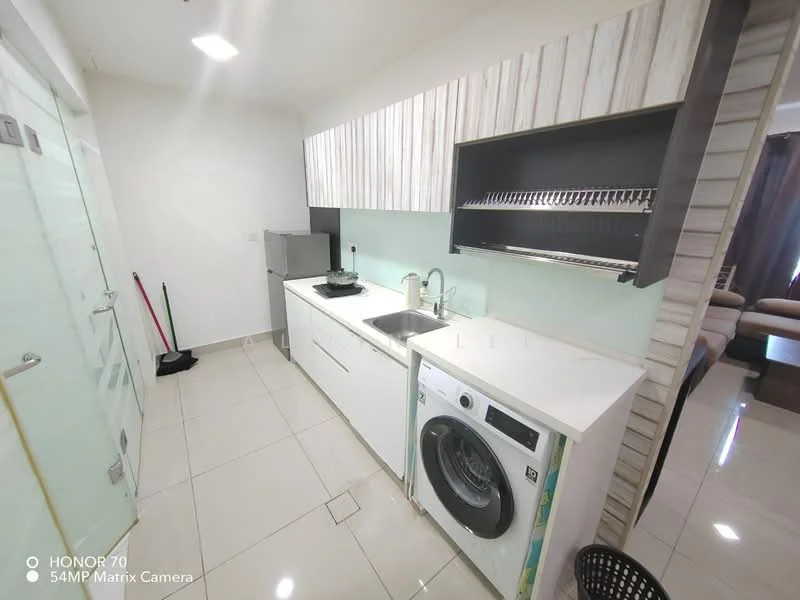 Laundry features: white cabinetry with wood accents, single-bowl stainless-steel sink, chrome pull-down faucet, built-in washing machine, white countertop, ceramic tile flooring, glass sliding door, wall-mounted dish rack; style: modern.