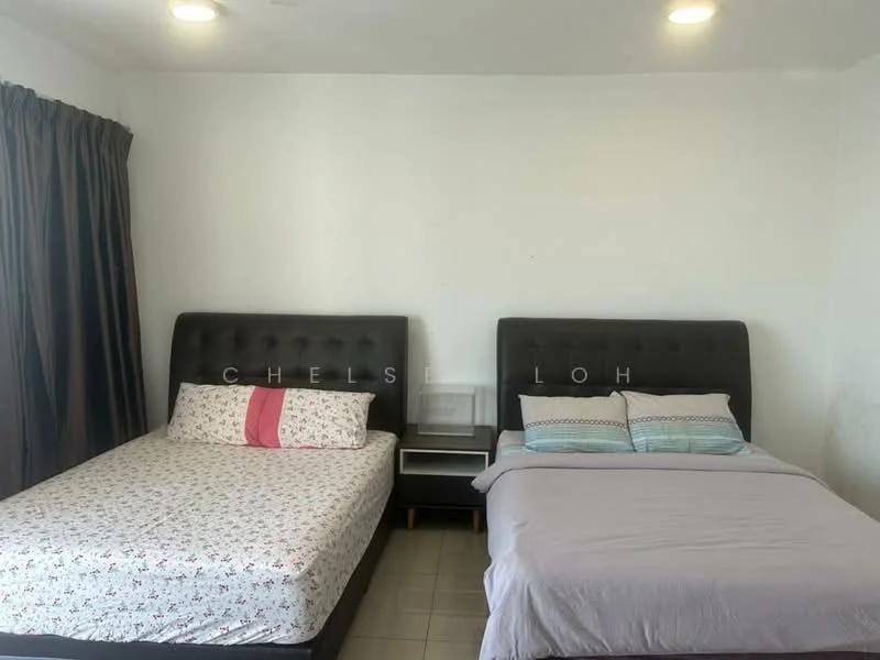Bedroom features: two beds, queen-size bed with floral bedding, queen-size bed with grey bedding, black upholstered headboards, nightstand with drawer, grey curtains, white painted walls, tile flooring, recessed ceiling lights; style: modern.