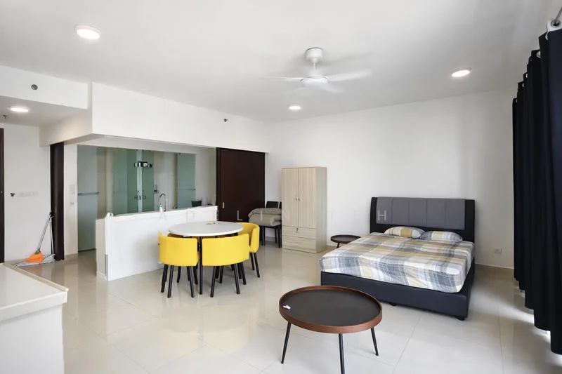 Living features: grey upholstered bed, plaid bedding, round coffee table, 4-seater dining table with yellow chairs, ceiling fan, white painted walls, glossy tile flooring, floor-to-ceiling windows with black curtains; style: modern.