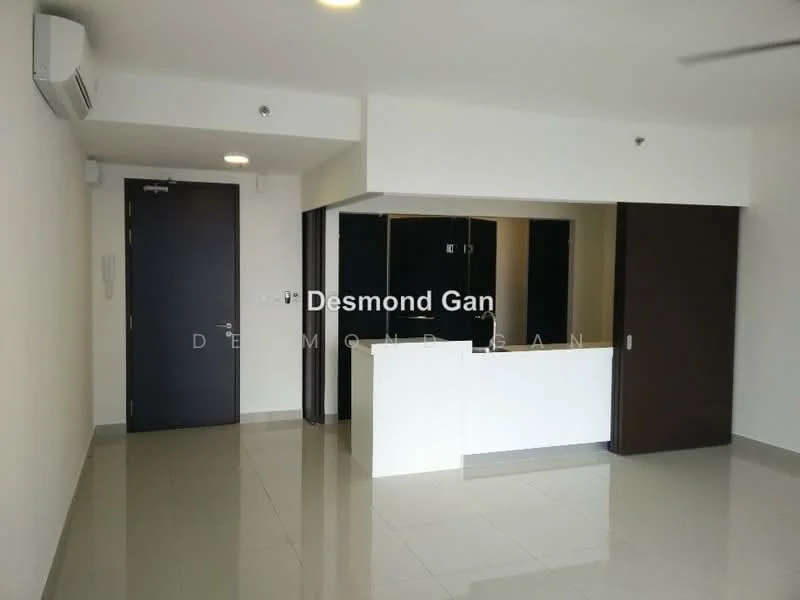 Room features: white painted walls, glossy tile flooring, 1 wall-mounted split AC, kitchen island, open layout, dark wooden door, light fixture on ceiling, recessed lighting; style: modern.
