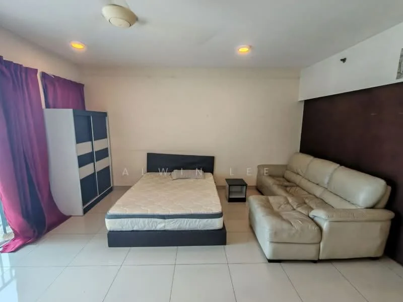 Bedroom features: queen-size bed, leather sectional sofa, white painted walls, dark accent wall, floor-to-ceiling windows, curtains in burgundy, white tile flooring, ceiling fan, nightstand; style: modern; view: city.