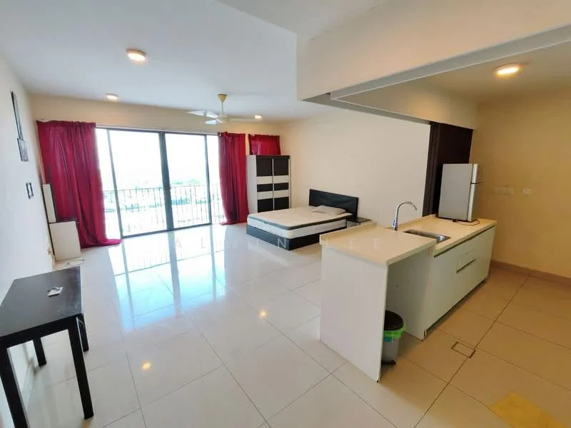Living features: white painted walls, glossy tile flooring, 5-blade ceiling fan, floor-to-ceiling windows, sliding glass door, red curtains, black bed frame without mattress, black and white storage cabinet, small black dining table, kitchenette with countertop, stainless-steel fridge; style: modern; view: city.