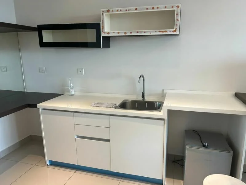 Kitchen features: white cabinetry with flat-panel doors, stainless-steel single-bowl sink, chrome pull-down faucet, white quartz countertop, black wall-mounted cabinet, under-counter refrigerator, tile flooring, open shelving above countertop; style: modern.