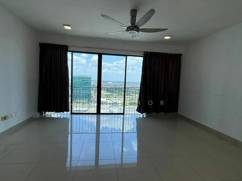 Living features: large floor-to-ceiling windows, sliding glass door, dark brown curtains, white painted walls, polished ceramic tile flooring, 5-blade ceiling fan with light, recessed downlights, city view; style: modern; view: city.