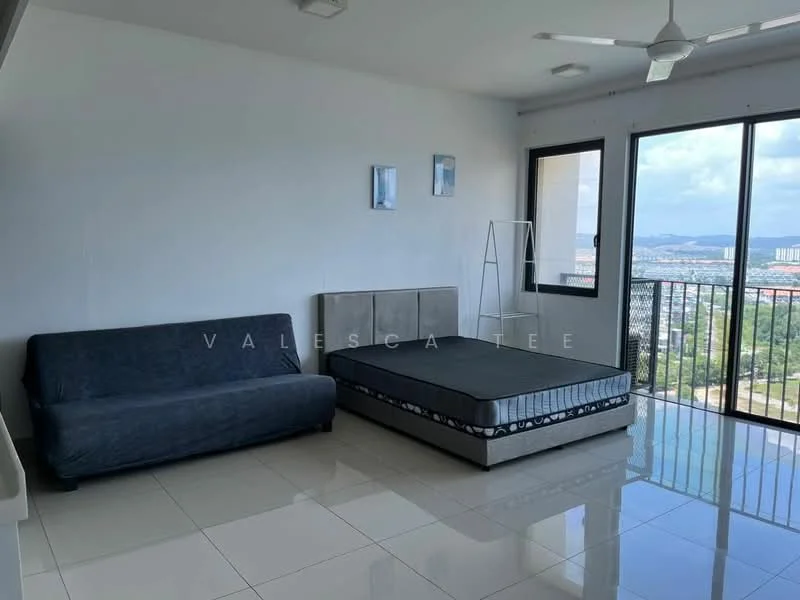 Living features: grey fabric sofa, queen-size bed with mattress, white painted walls, glossy white tile flooring, floor-to-ceiling windows, city view, recessed ceiling lights, 2-blade ceiling fan; style: modern; view: city.