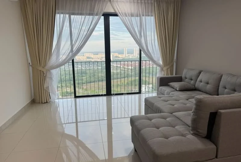 Living features: grey fabric sectional sofa, floor-to-ceiling windows, sheer curtains, glossy ceramic tile flooring, city skyline view, light-colored walls, recessed downlights, balcony access; style: modern; view: city.