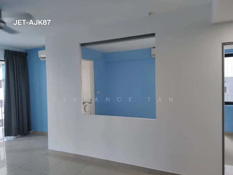 Room features: white painted walls, blue accent wall, glossy tile flooring, 2 wall-mounted split ACs, ceiling fan, large window with sheer curtains, open layout, cut-out opening in wall; style: modern.