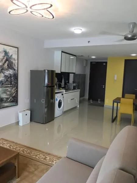 Living features: 3-seater fabric sofa in light grey, coffee table, area rug with geometric pattern, wall-mounted TV, ceiling fan with light, recessed downlights, framed artwork, cream painted walls, tile flooring, open shelving, dining table with yellow chairs, kitchen cabinetry with white finish, stainless-steel fridge, front-load washing machine; style: modern.
